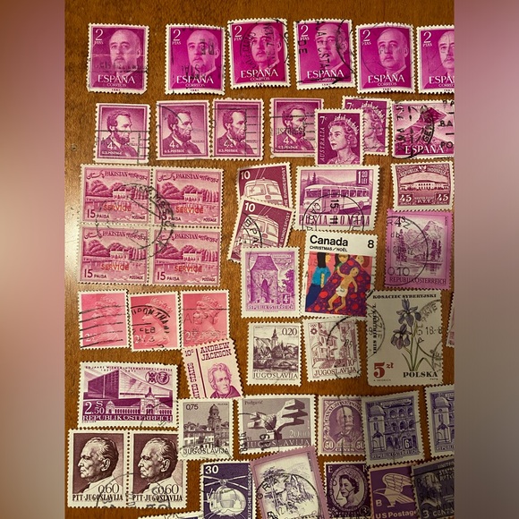 Vintage international & USA Postal Stamps - over 100 postmarked. Pink/Purple#1 - Picture 3 of 7